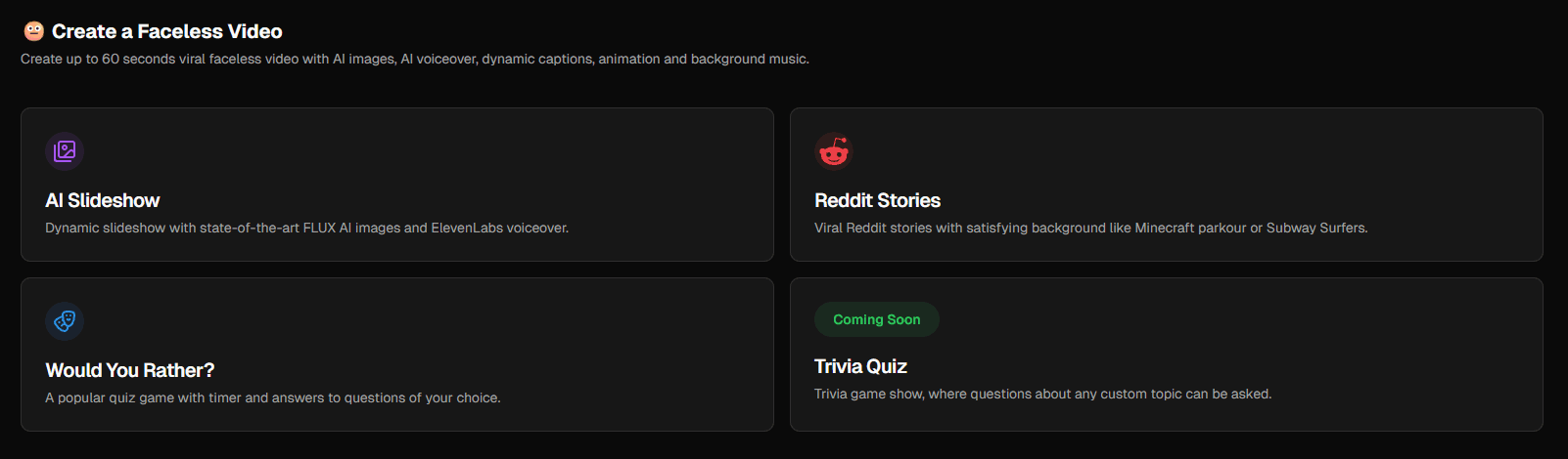 Faceless video type selection