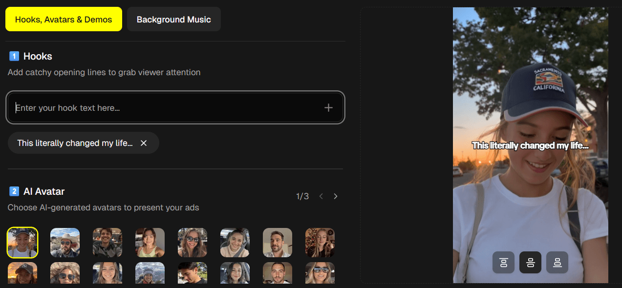 UGC options tab with hooks, avatars, and demos